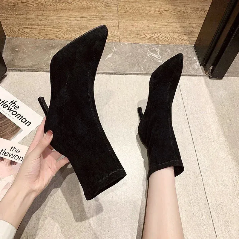 Amozae-2024 Luxury Women Beige Black Sock Boots Stiletto Thin High Heels Elastic knitting Boots Winter Stretch Fabric Boots Plus Size