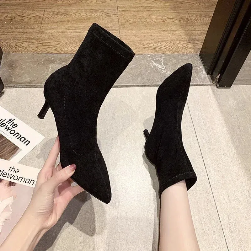 Amozae-2024 Luxury Women Beige Black Sock Boots Stiletto Thin High Heels Elastic knitting Boots Winter Stretch Fabric Boots Plus Size