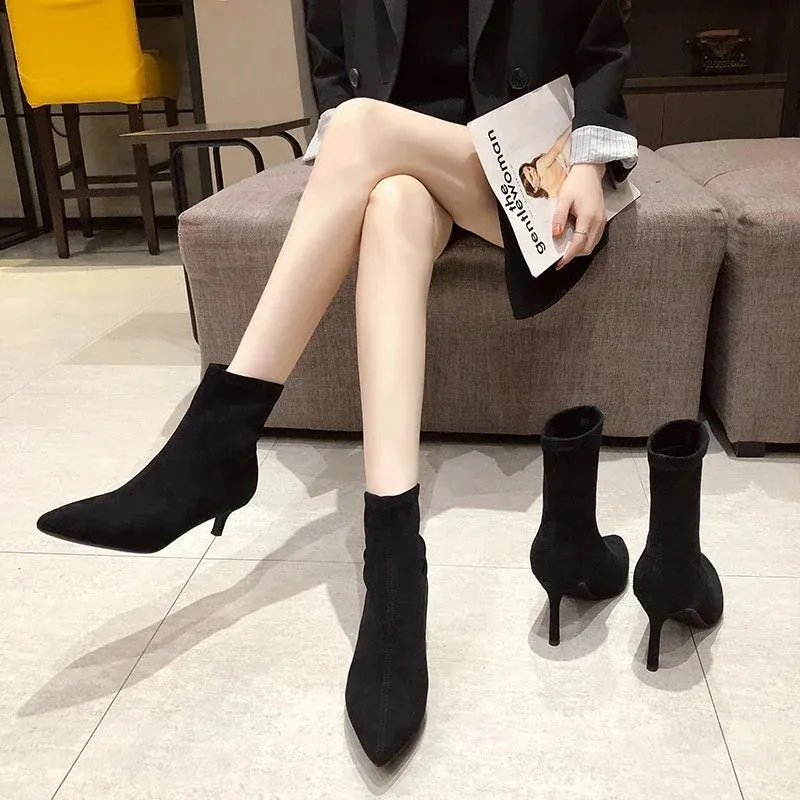 Amozae-2024 Luxury Women Beige Black Sock Boots Stiletto Thin High Heels Elastic knitting Boots Winter Stretch Fabric Boots Plus Size