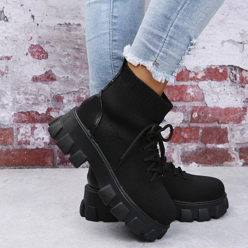 Amozae-Christmas Gift Autumn Winter New Black Lace-up Platform Socks Boots Casual Thick-soled Martin Goth Chunky Heel Shoes Botas De Mujer Botte