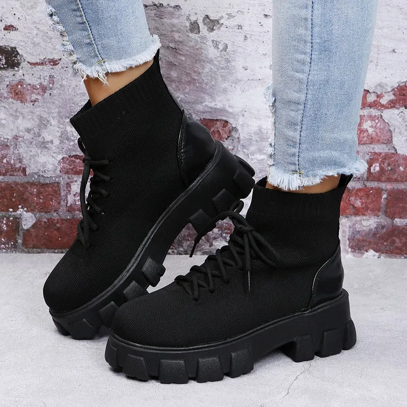 Amozae-Christmas Gift Autumn Winter New Black Lace-up Platform Socks Boots Casual Thick-soled Martin Goth Chunky Heel Shoes Botas De Mujer Botte