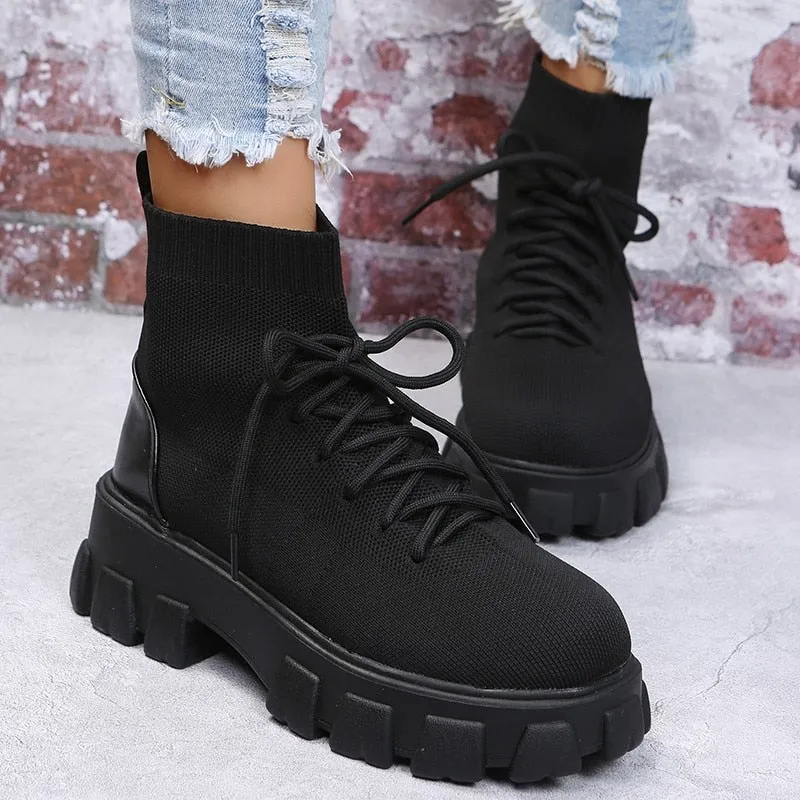 Amozae-Christmas Gift Autumn Winter New Black Lace-up Platform Socks Boots Casual Thick-soled Martin Goth Chunky Heel Shoes Botas De Mujer Botte