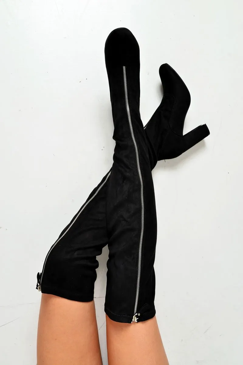 Black Faux Suede Zip Front Over The Knee Boots - Vienna