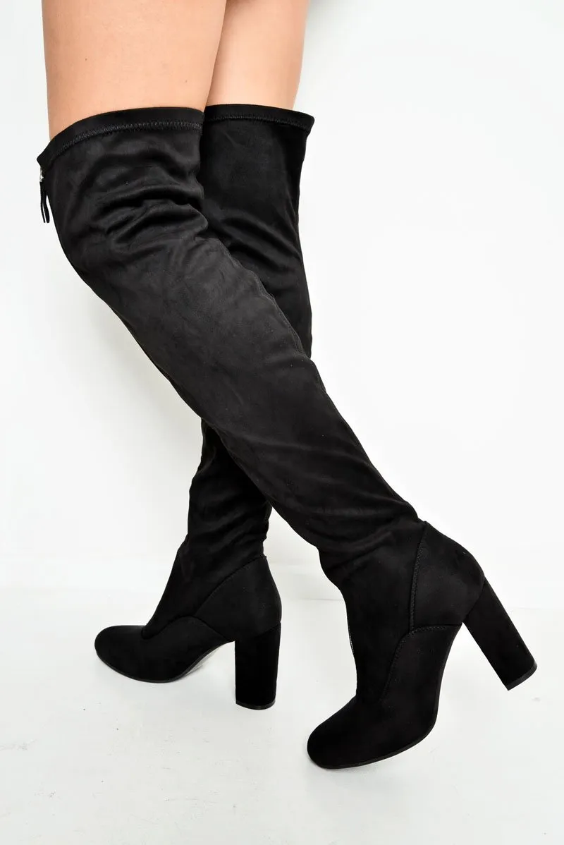 Black Faux Suede Zip Front Over The Knee Boots - Vienna