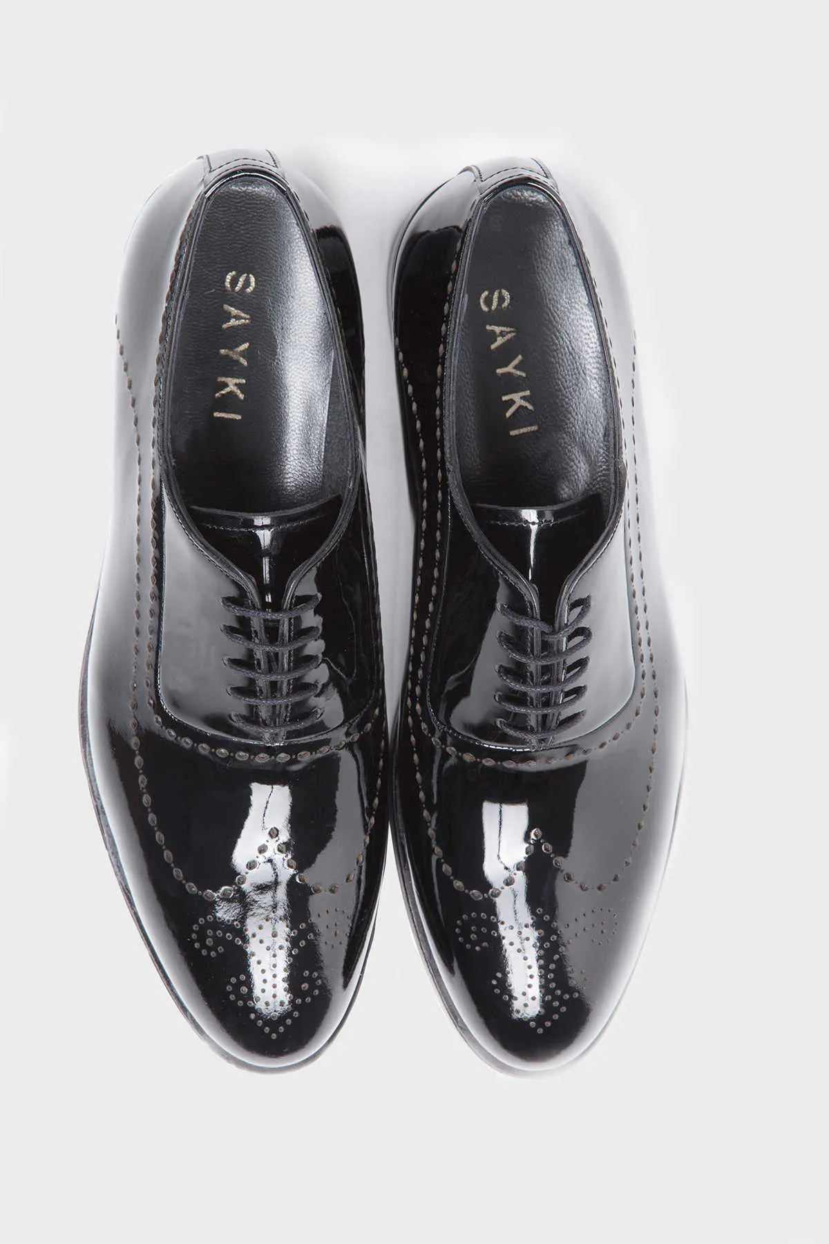 Black Patent Leather Lace-Up Wingtip Tuxedo Shoes