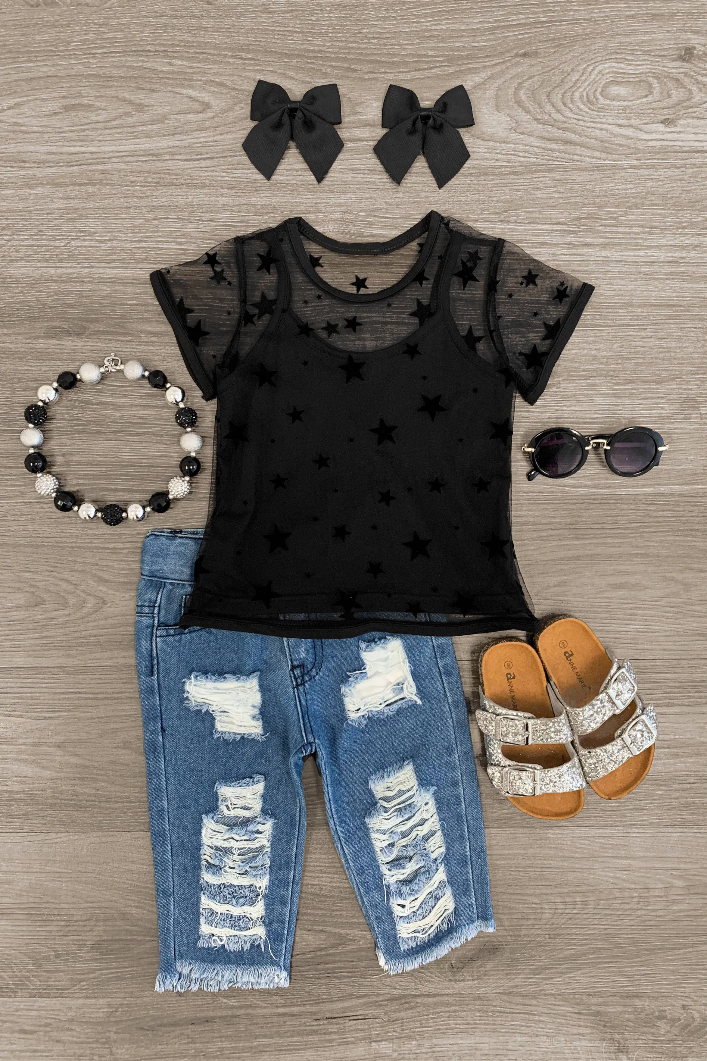 Black Sheer Star Distressed Denim Set