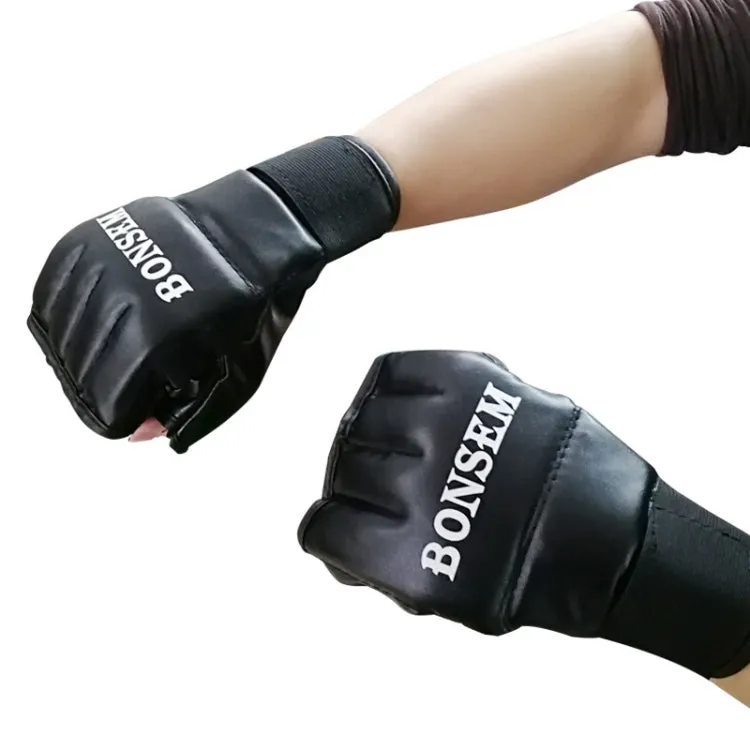 BONSEM Half Fingers PU Leather Adults Sandbag Training Boxing Gloves(Black)