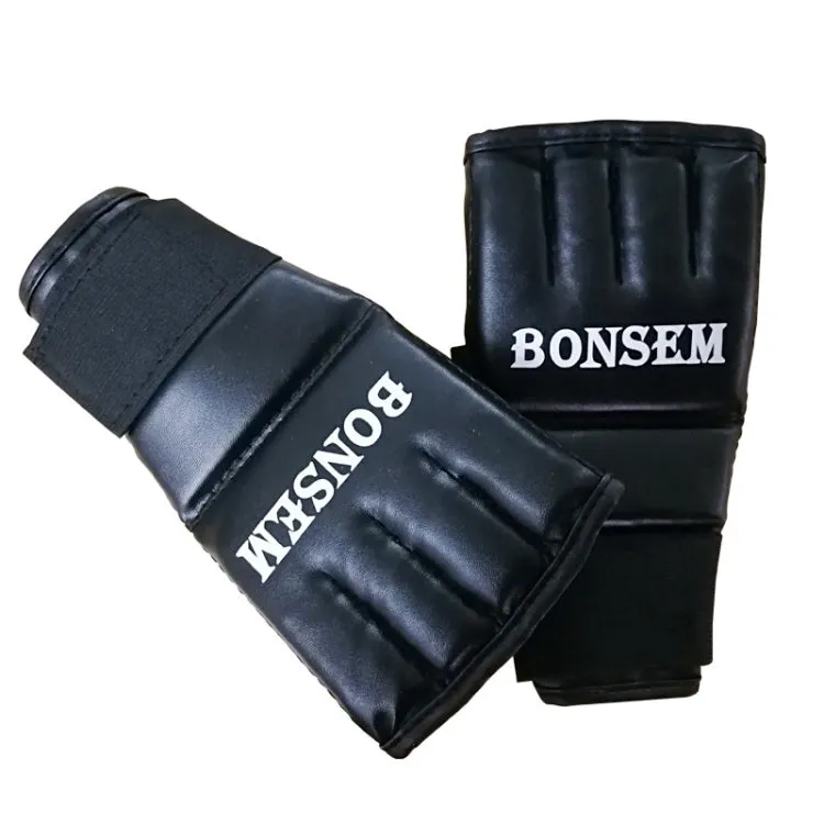 BONSEM Half Fingers PU Leather Adults Sandbag Training Boxing Gloves(Black)