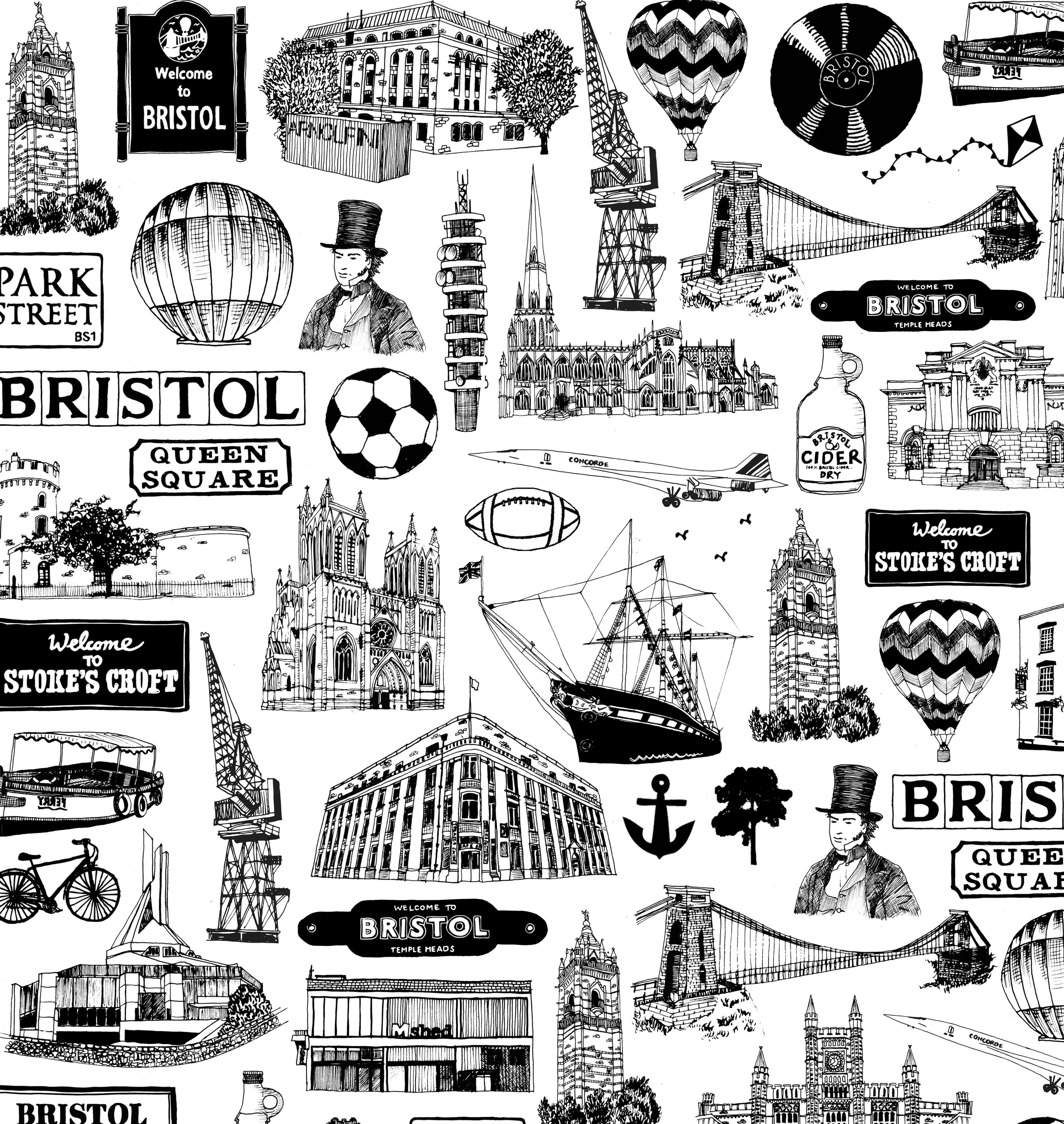 Bristol illustrated black and white print