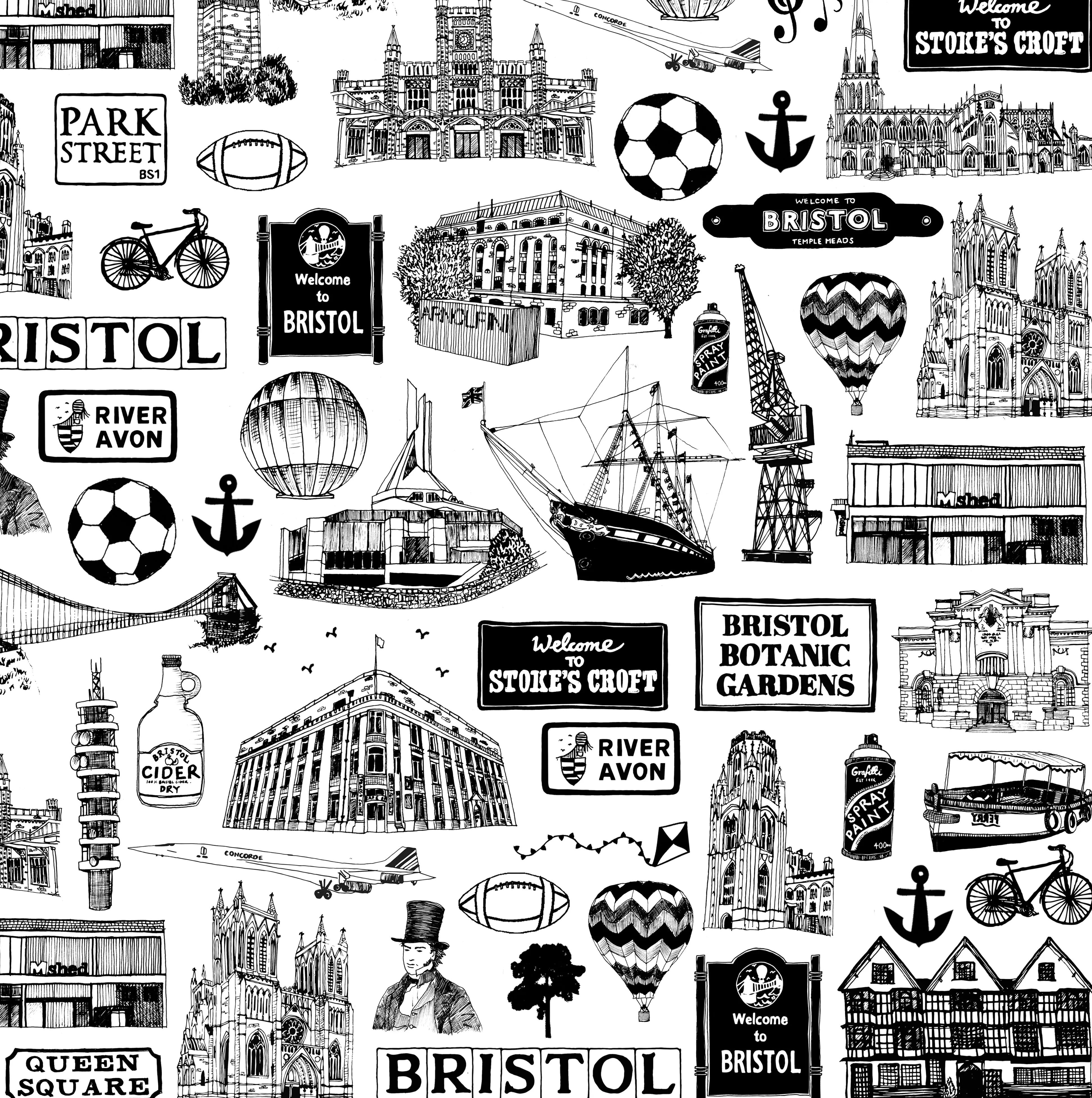 Bristol illustrated black and white print