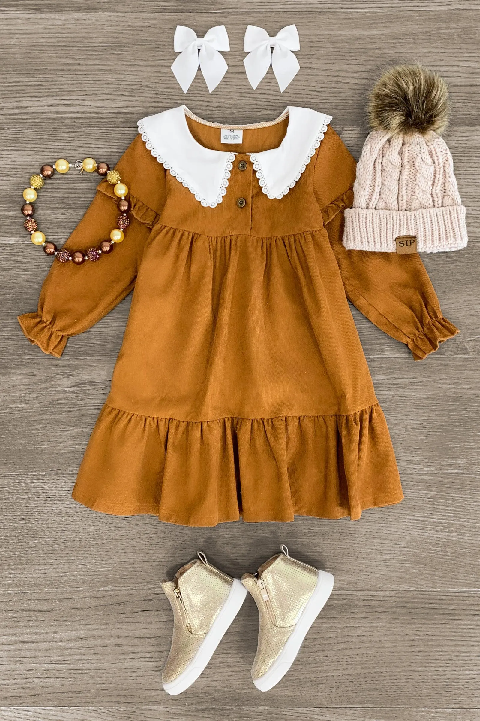 Brown Ruffle Corduroy Collar Dress