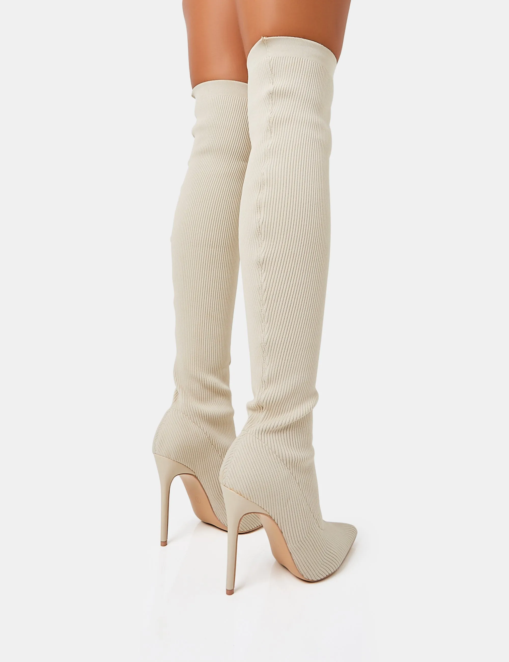 Chateau Off White Knitted Sock Stiletto Over The Knee Pointed Boots