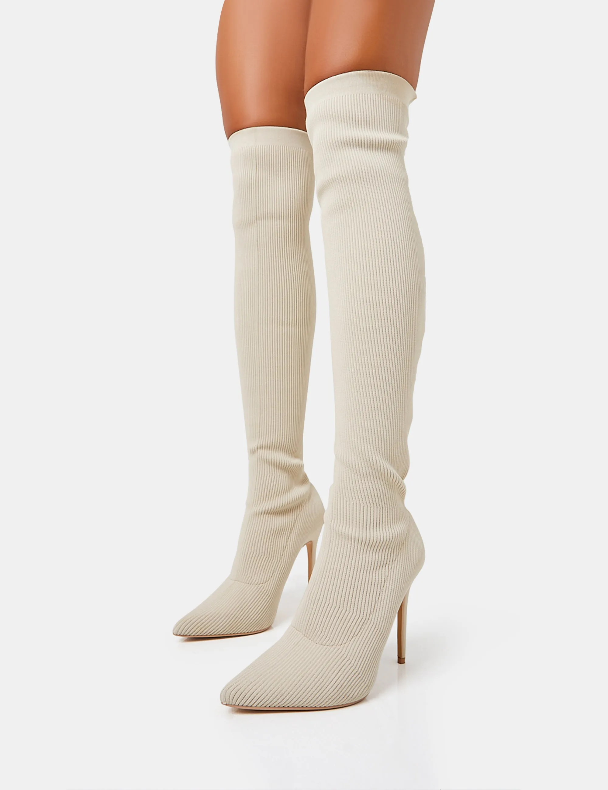 Chateau Off White Knitted Sock Stiletto Over The Knee Pointed Boots