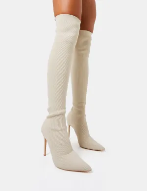 Chateau Off White Knitted Sock Stiletto Over The Knee Pointed Boots