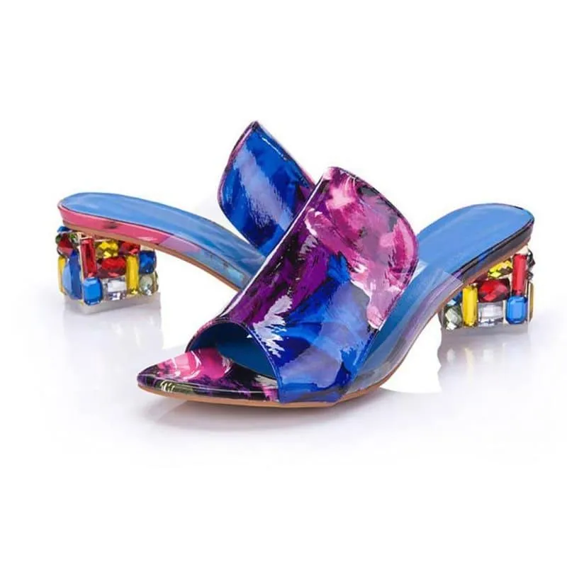 Colorful Rhinestone Crystals Heels Peep Toe Summer Sandals