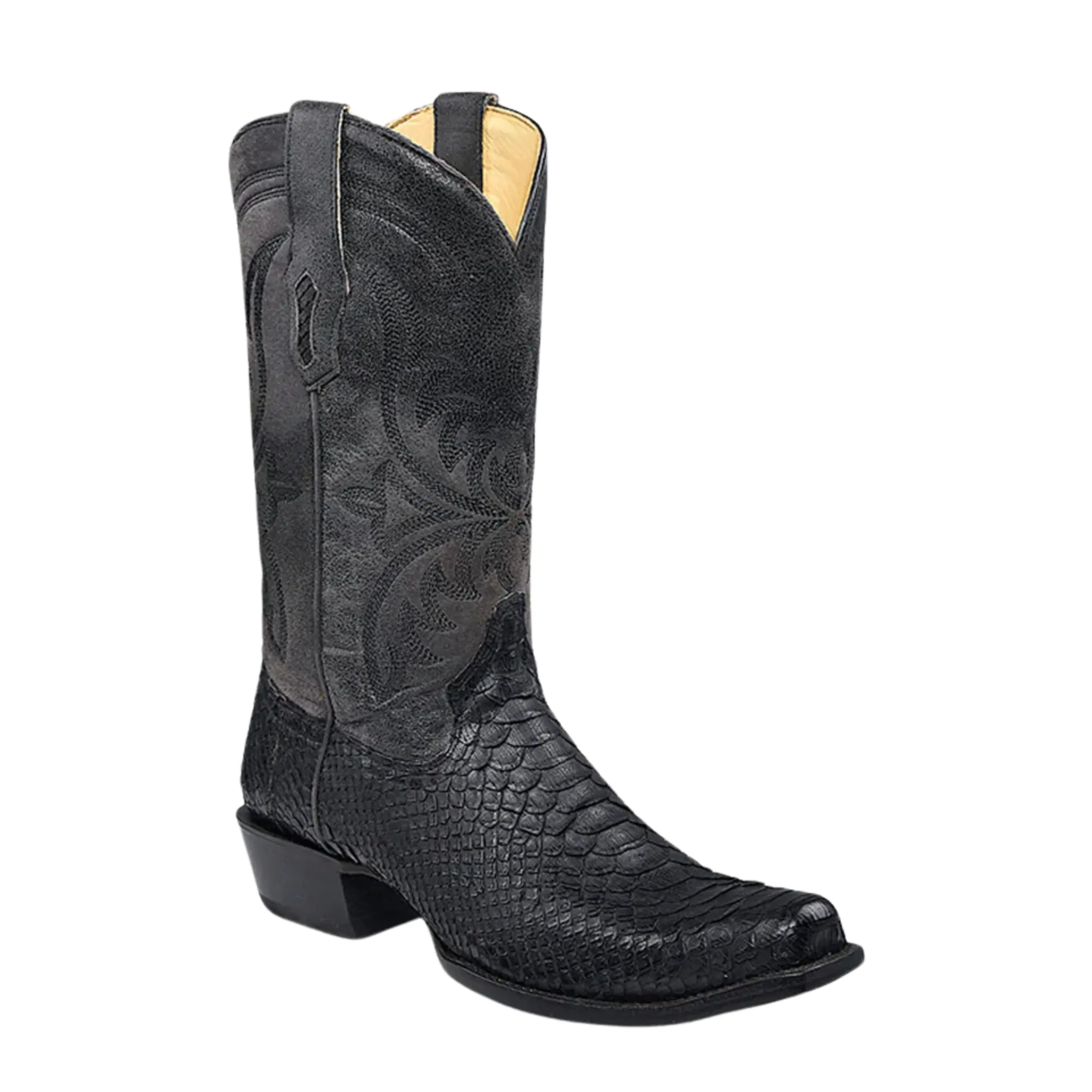 CORRAL MEN'S EMBROIDERY & GENUINE PYTHON BLACK NARROW SQ TOE COWBO WESTERN BOOT - A4551