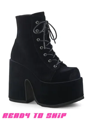 DEMONIA CAMEL 203 PLATFORM BOOTS - BLACK VELVET