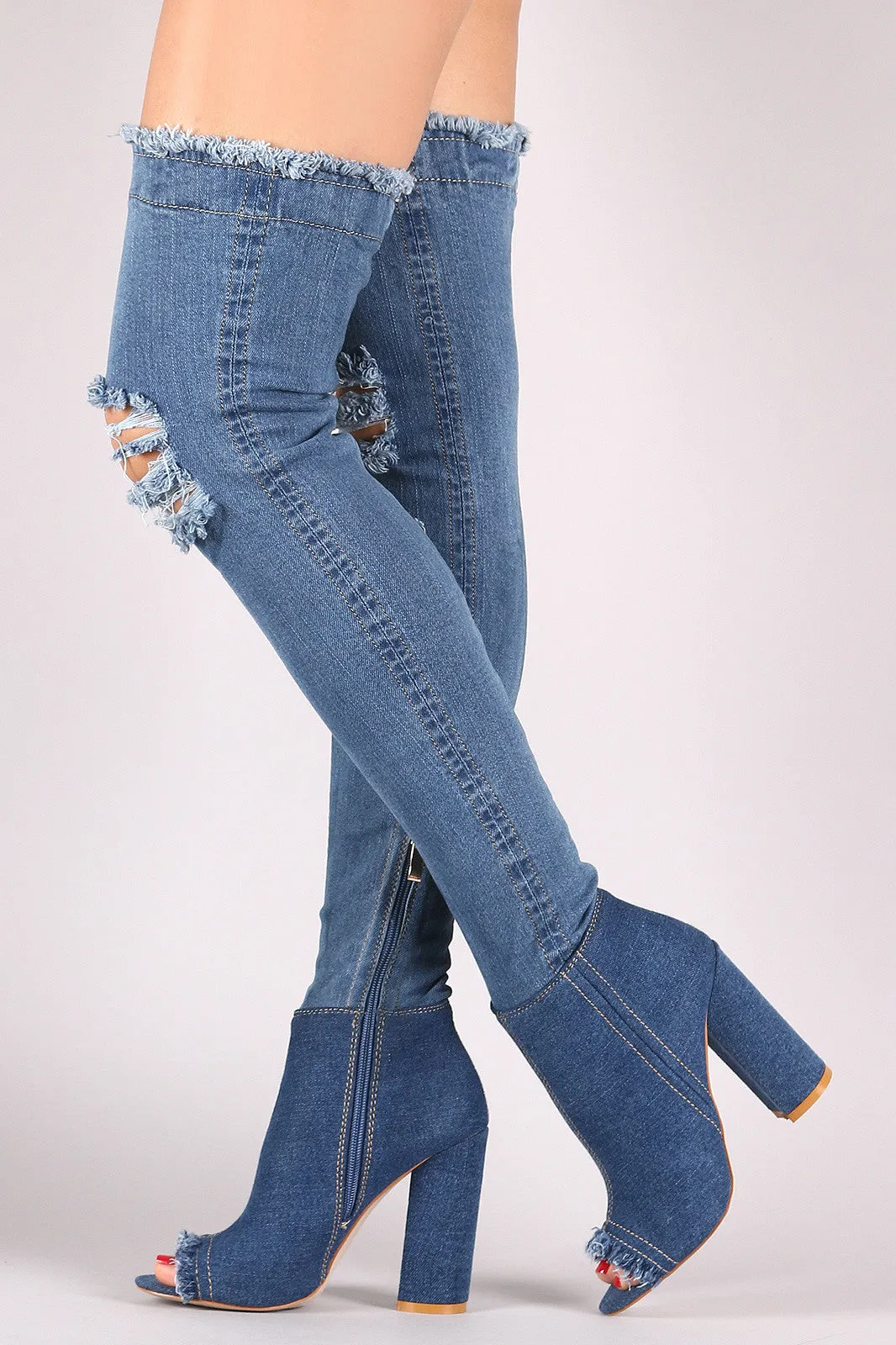 Distressed Denim Peep Toe Over-The-Knee Boots