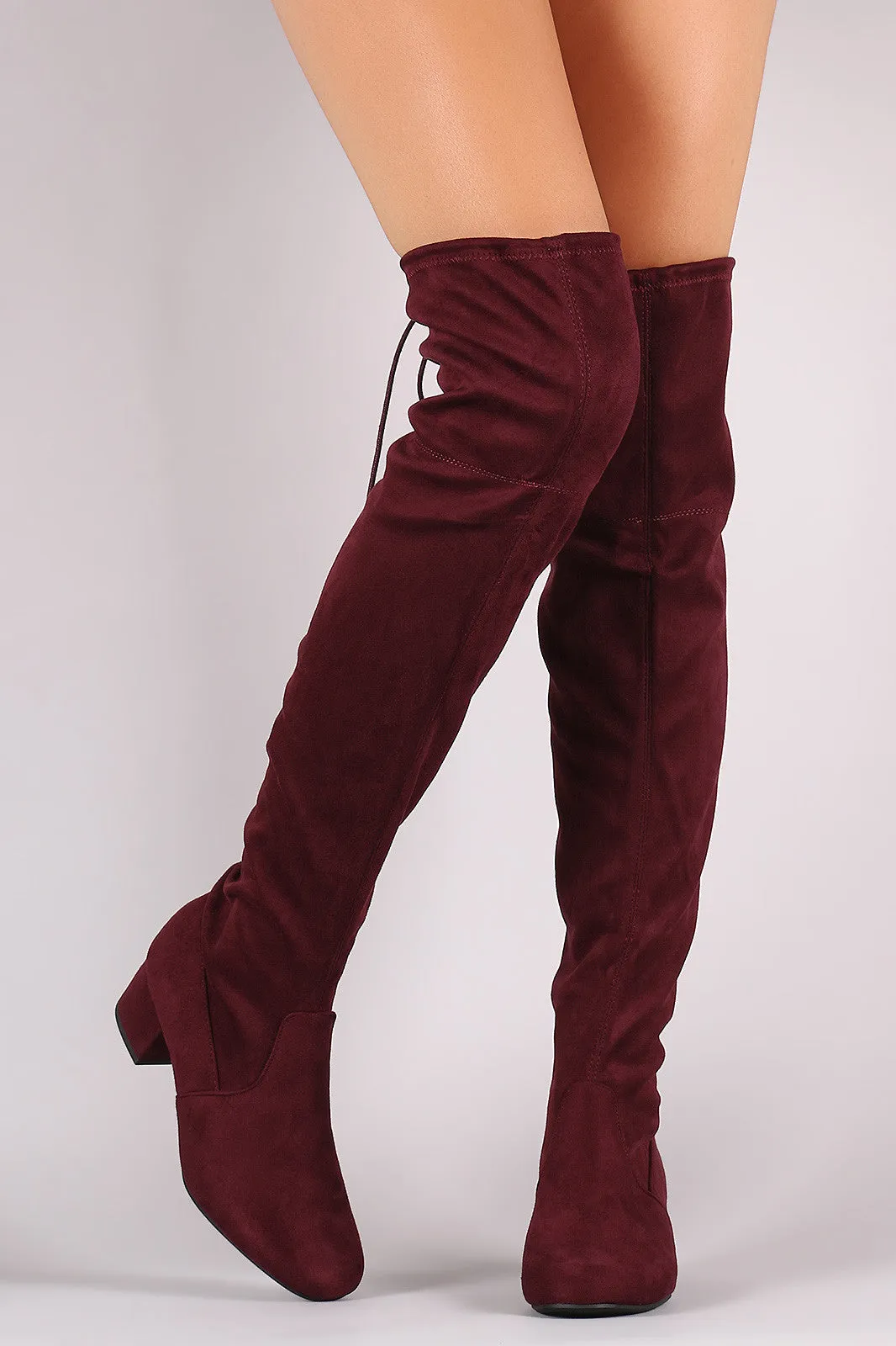 Drawstring-Tie Suede Block Heeled Over-The-Knee Boots