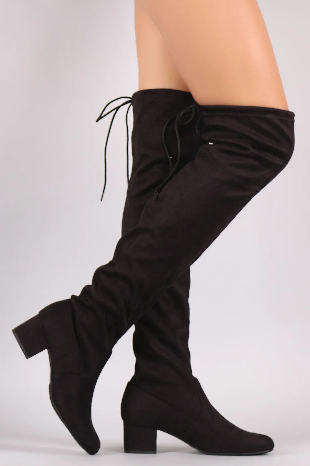 Drawstring-Tie Suede Block Heeled Over-The-Knee Boots