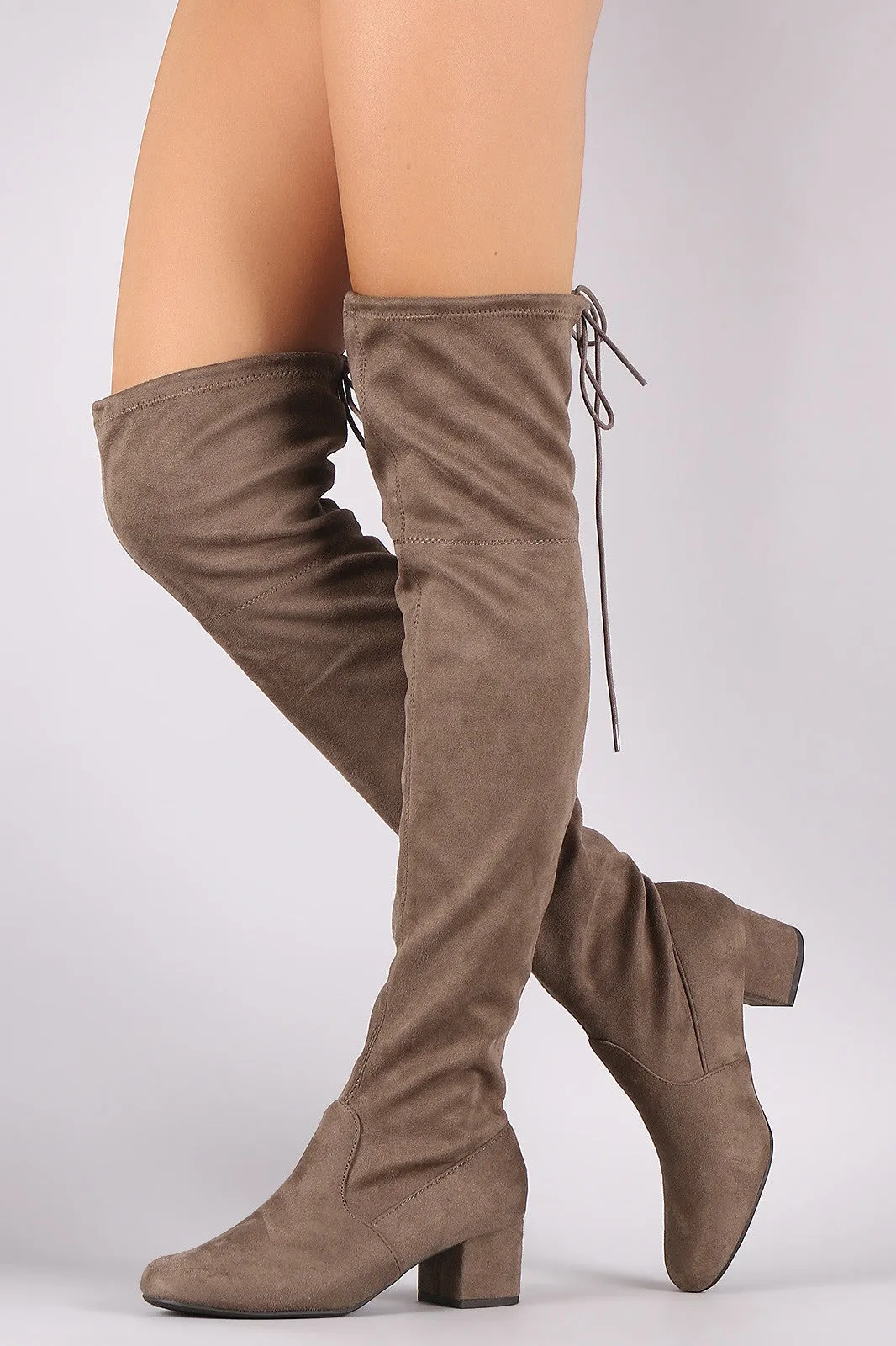 Drawstring-Tie Suede Block Heeled Over-The-Knee Boots