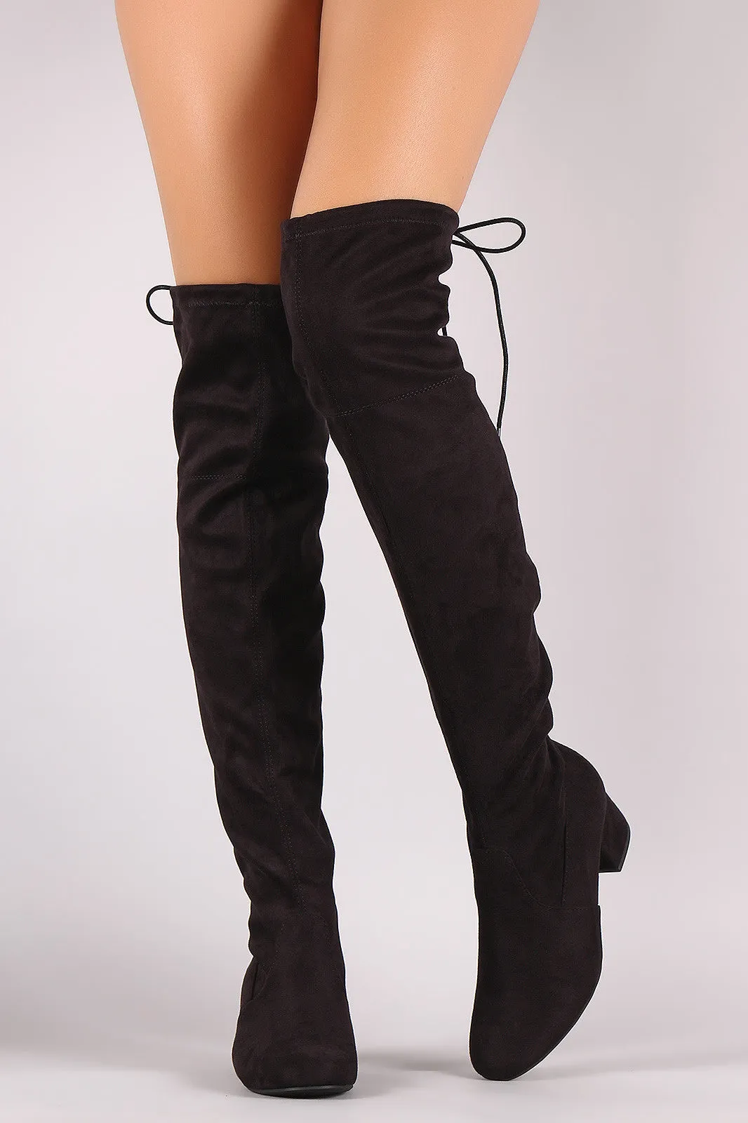 Drawstring-Tie Suede Block Heeled Over-The-Knee Boots