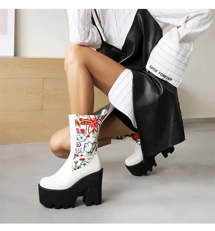 Floral Patchwork PU Mid-Calf Platform Boots