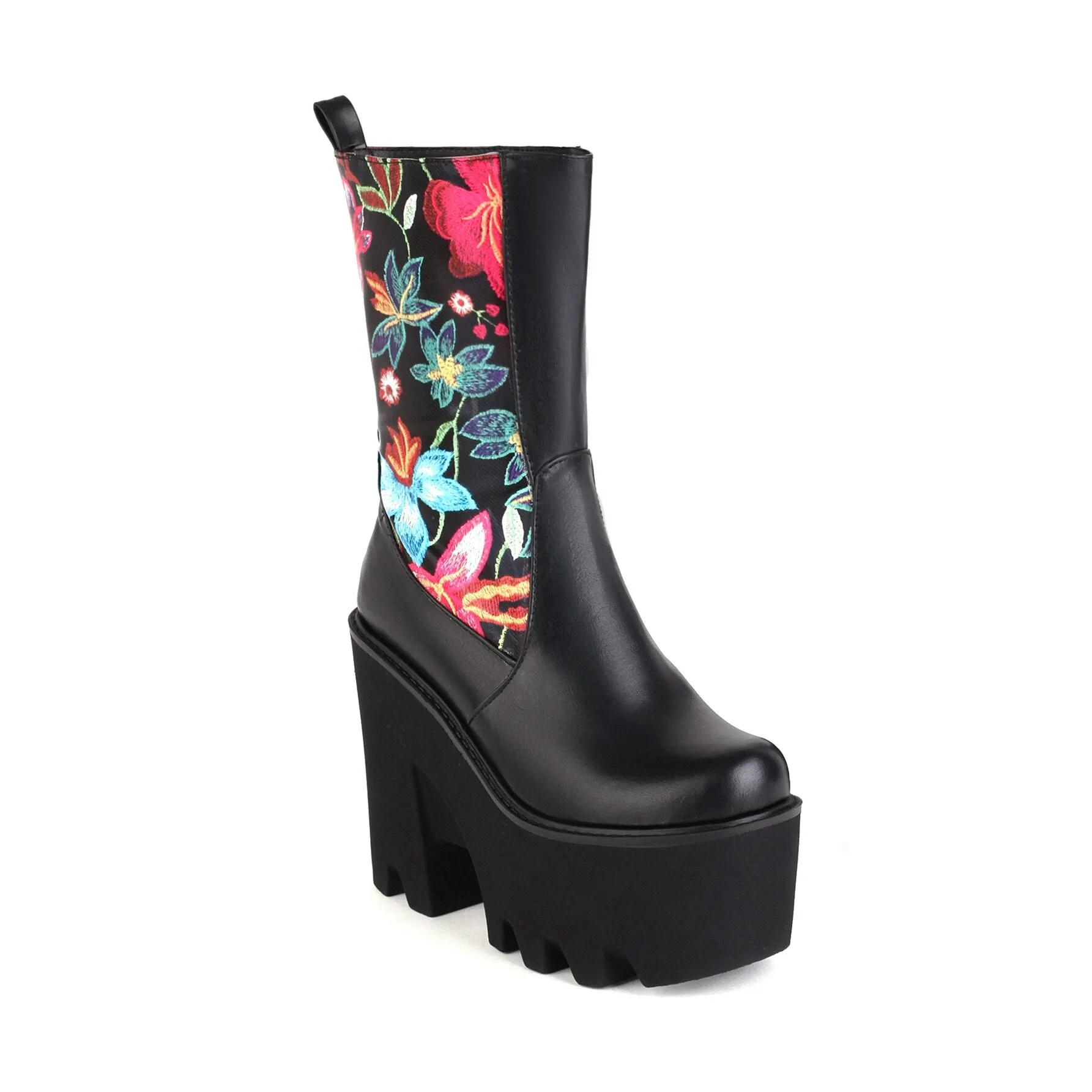 Floral Patchwork PU Mid-Calf Platform Boots