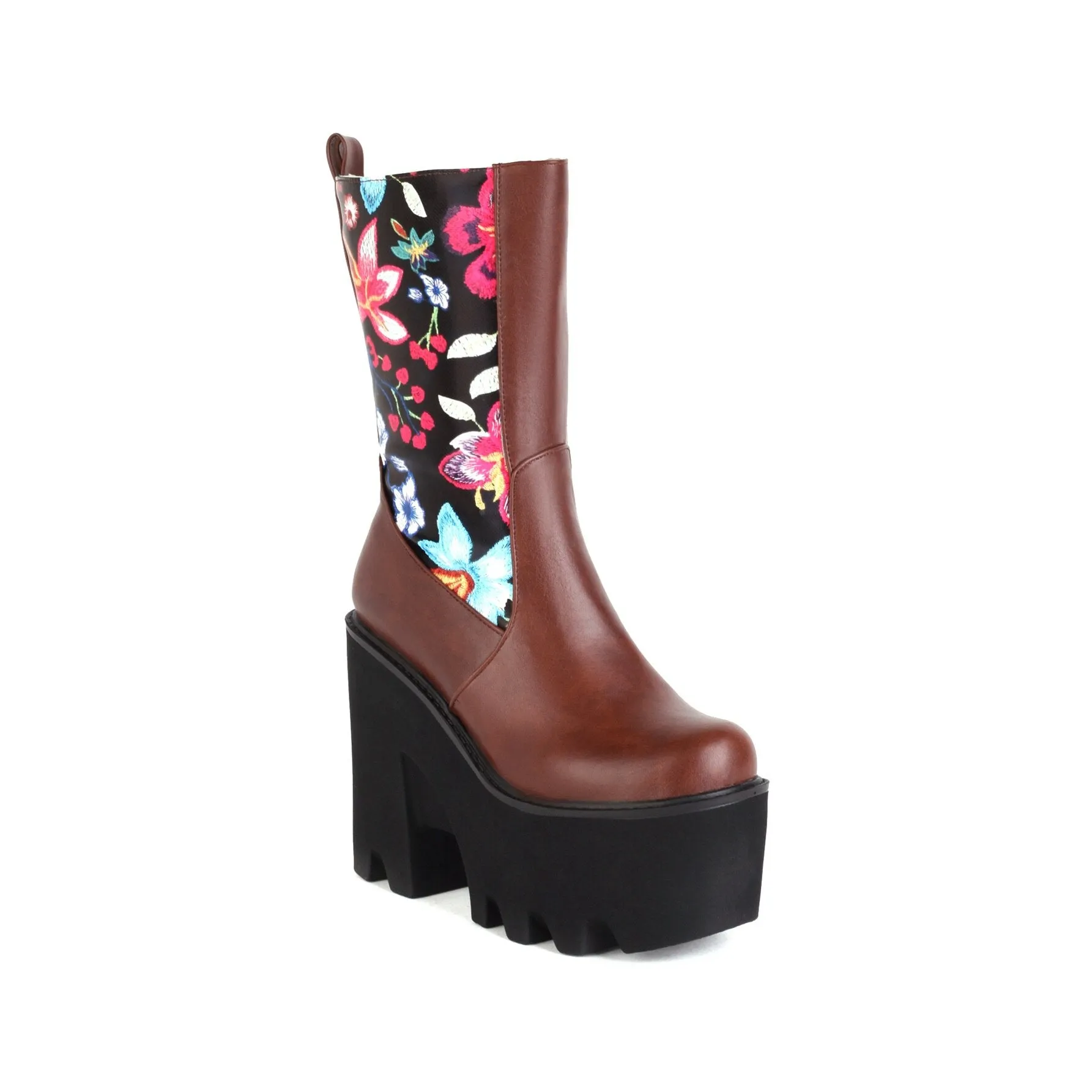 Floral Patchwork PU Mid-Calf Platform Boots