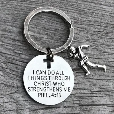 Football Charm Keychain, Christian Faith Charm Keychain, I Can Do All Things Through Christ Who Strengthens Me