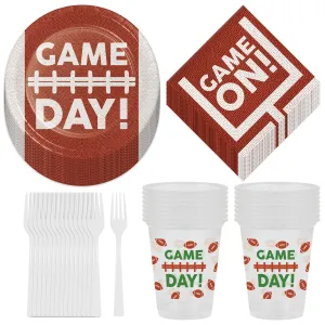 Football Fun Party Pack - Paper Dessert Plates, Napkins, Plastic Cups, Forks, and Table Cover Set (Serves 16)