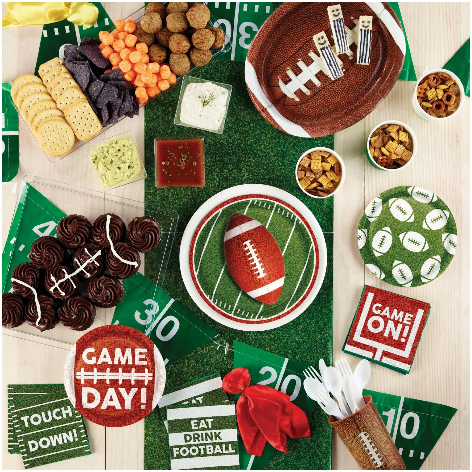 Football Fun Party Pack - Paper Dessert Plates, Napkins, Plastic Cups, Forks, and Table Cover Set (Serves 16)