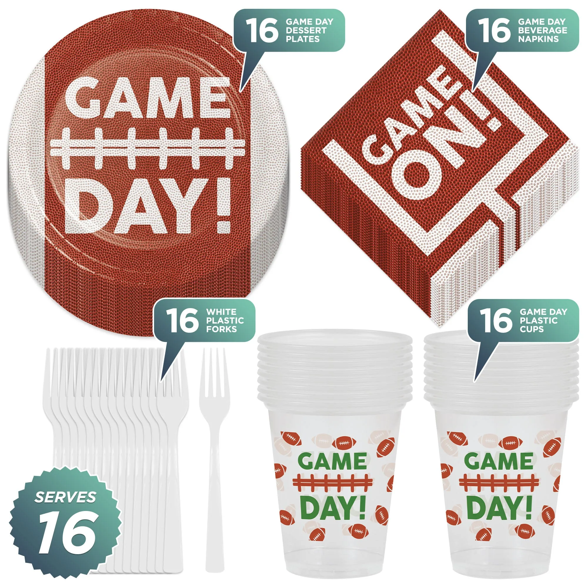 Football Fun Party Pack - Paper Dessert Plates, Napkins, Plastic Cups, Forks, and Table Cover Set (Serves 16)