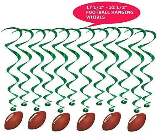 Football Party Supplies - Metallic Hanging Football Whirls and Green Football Field Table Cover With Yard Lines