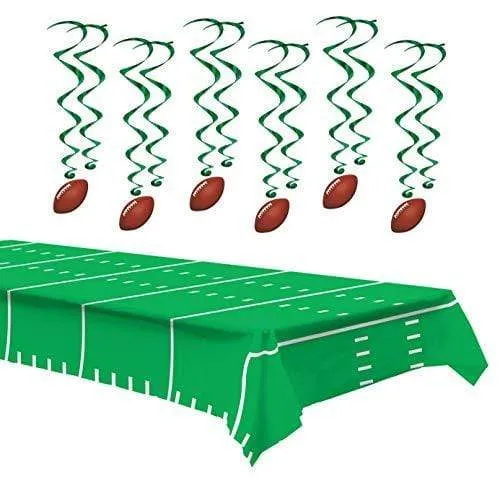 Football Party Supplies - Metallic Hanging Football Whirls and Green Football Field Table Cover With Yard Lines