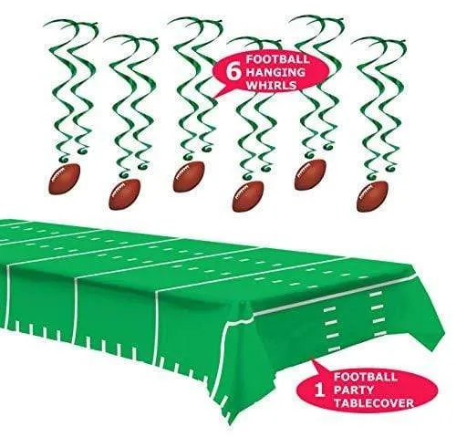 Football Party Supplies - Metallic Hanging Football Whirls and Green Football Field Table Cover With Yard Lines