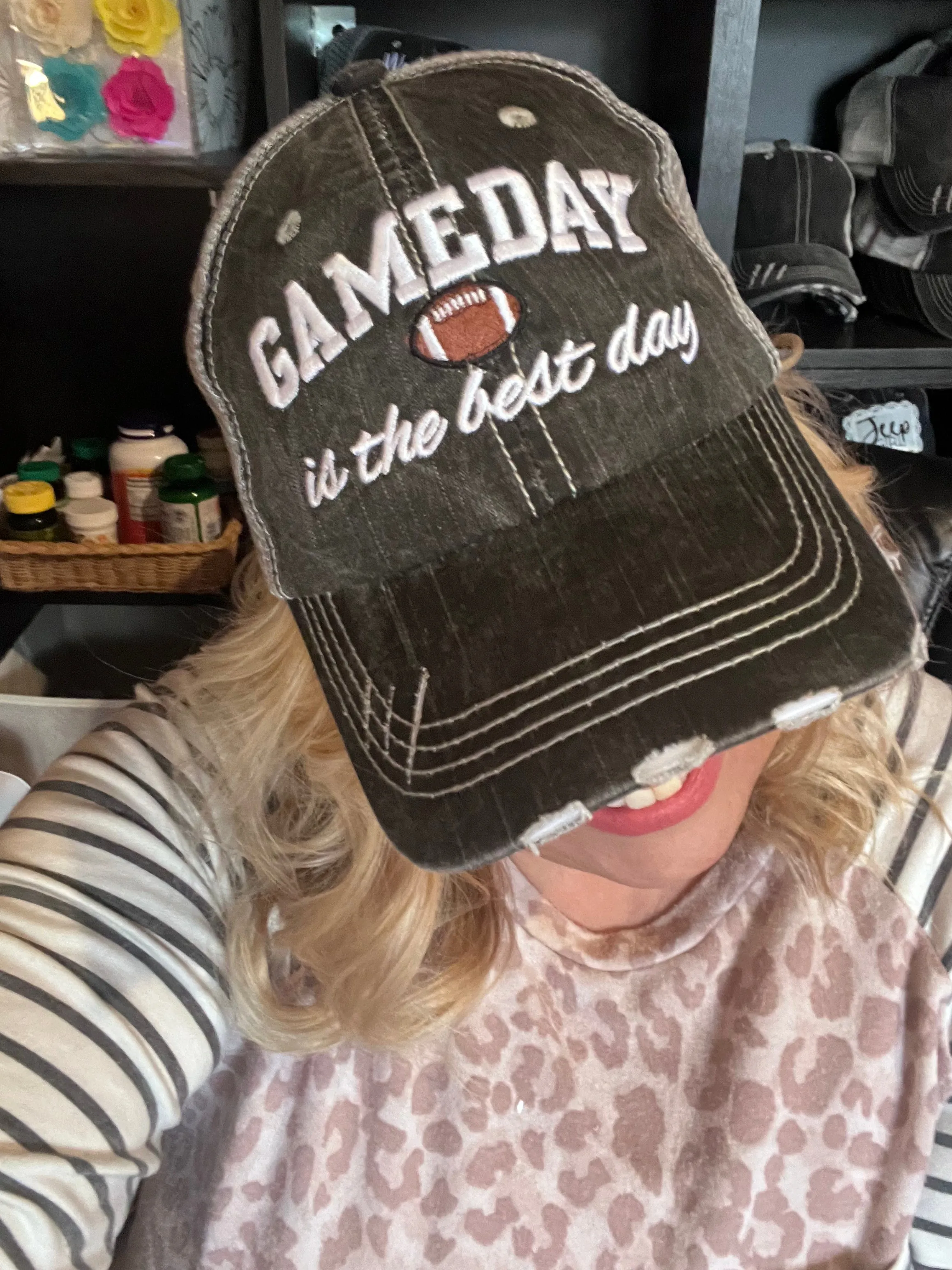 Gameday is the best day Football Gray embroidered distressed unisex trucker cap Sports NFL Super Bowl Team Coach Football mom Tailgating