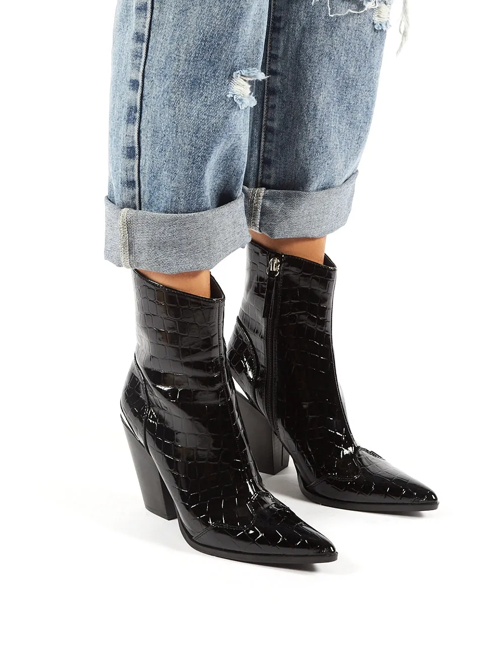 Heidi Black Patent Croc Block Heeled Western Ankle Boots