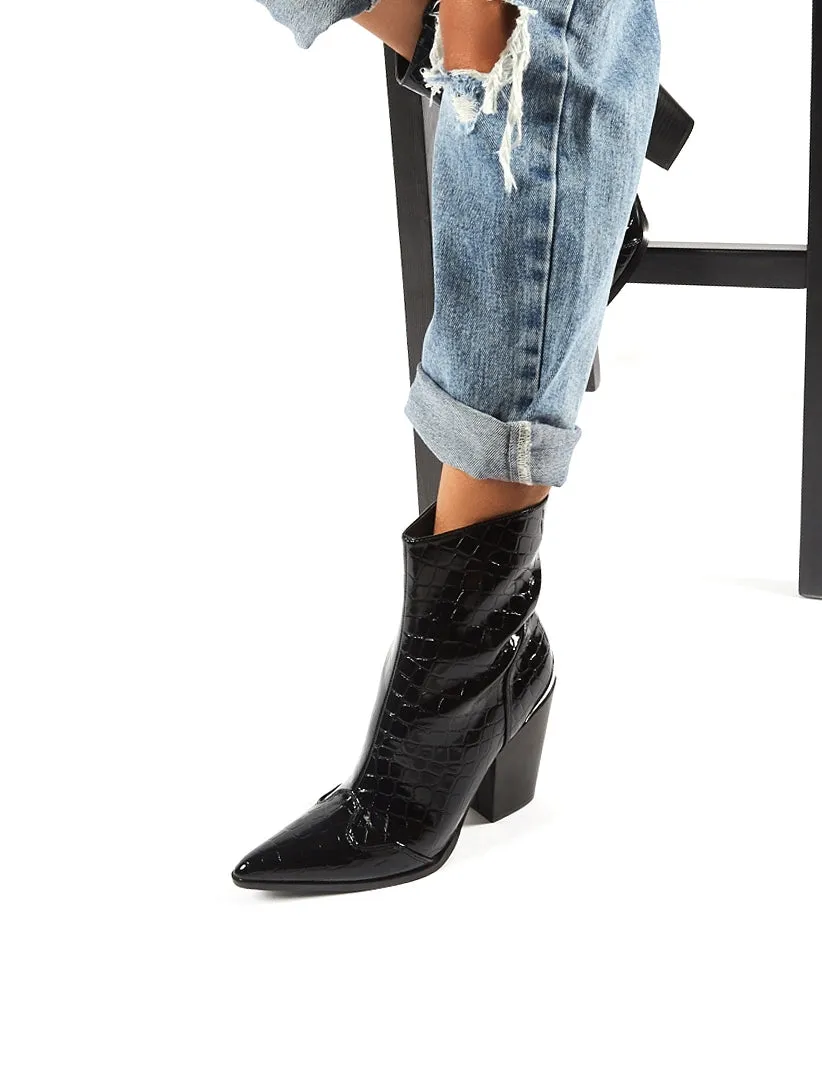 Heidi Black Patent Croc Block Heeled Western Ankle Boots