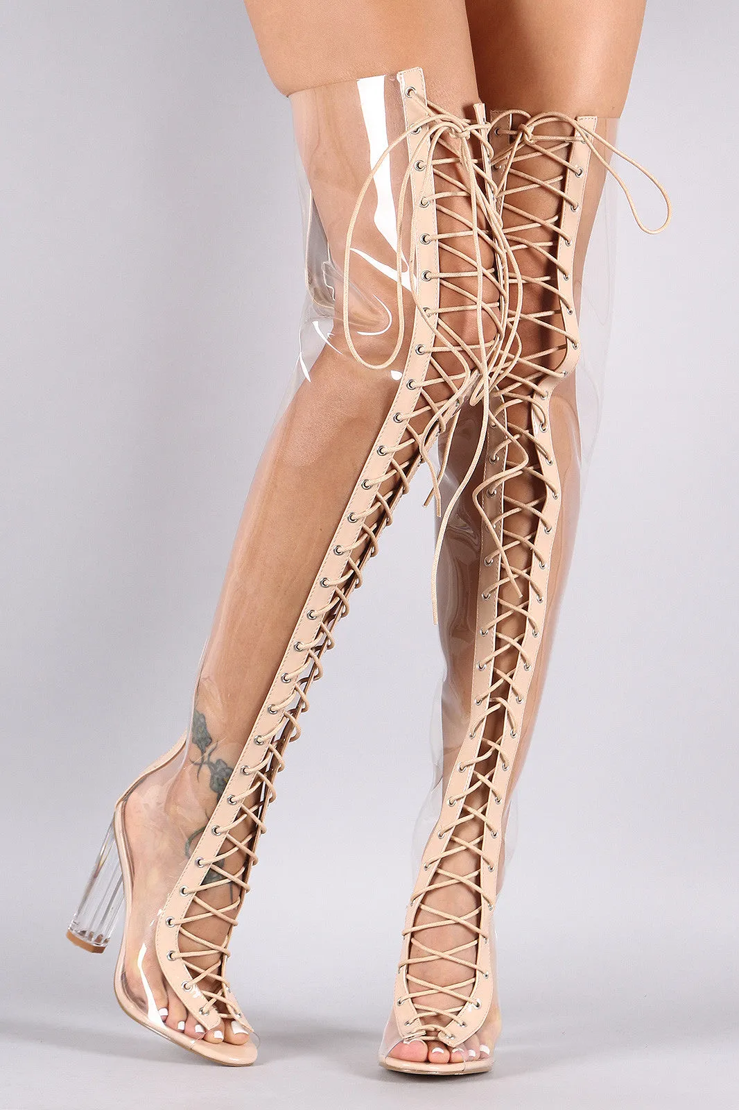 Lucite Lace Up Chunky Heeled Over-The-Knee Boots