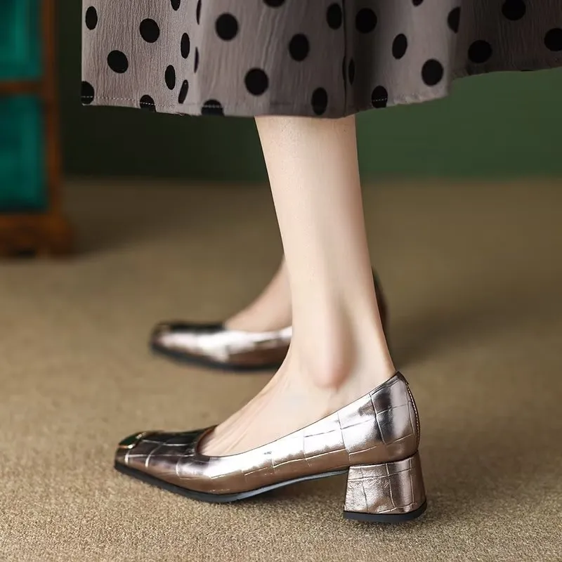 Luxury Embossed Square Toe Slip-on Heels