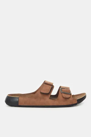 Men Brown Slide Sandal With Buckle