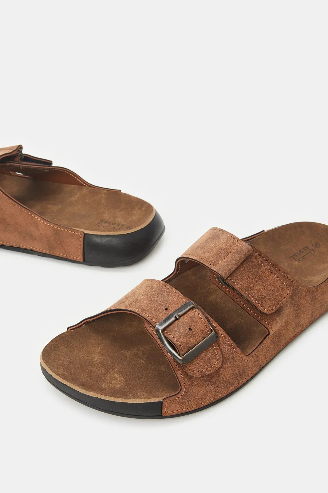 Men Brown Slide Sandal With Buckle