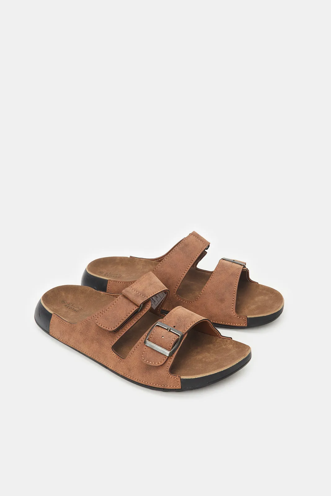 Men Brown Slide Sandal With Buckle