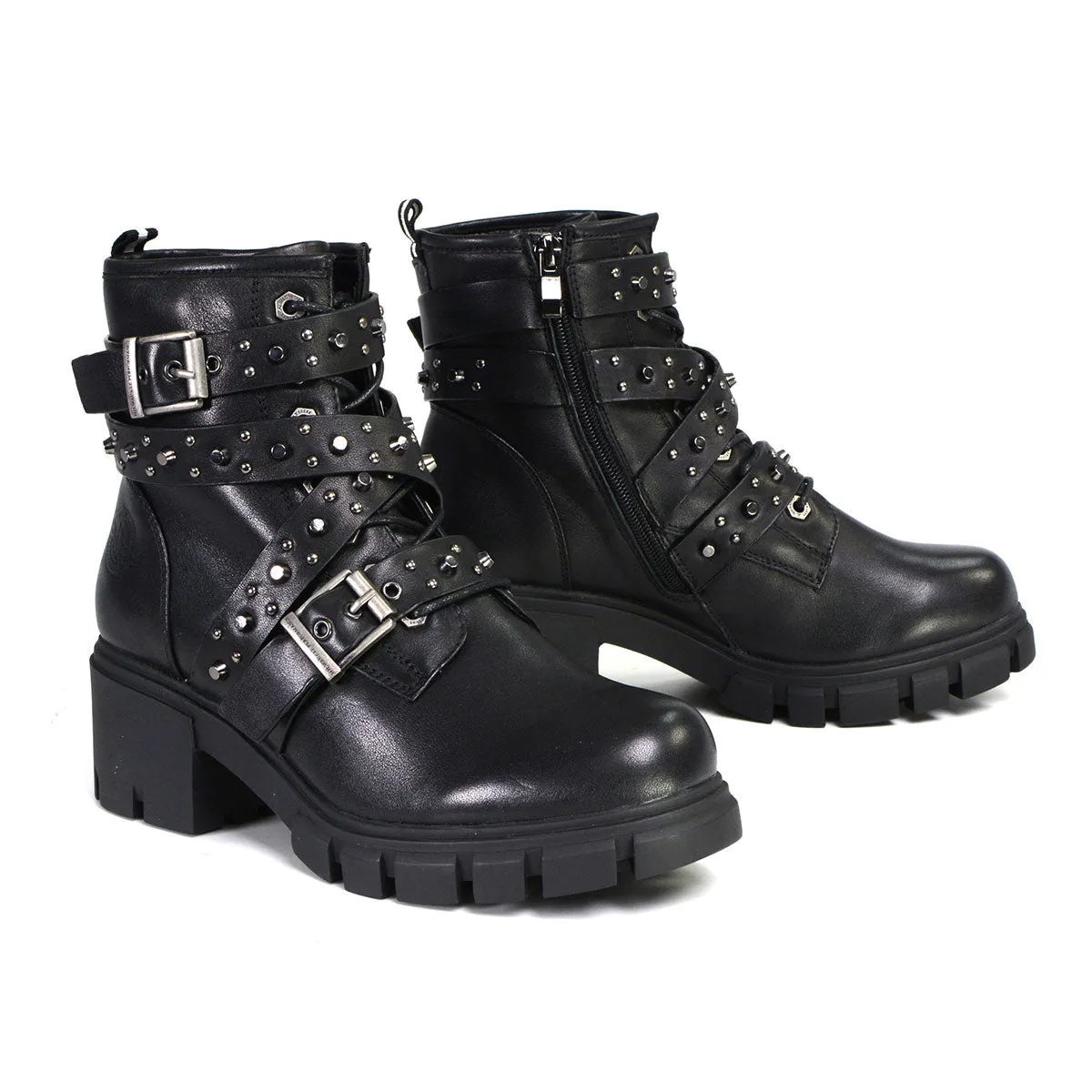 Milwaukee Leather MBL9444 Women's ‘Bruiser’ Premium Black Leather Lace-Up Fashion Boots with Studded Straps