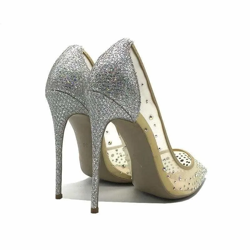 Pointed Toe Heels Crystal Silver High Heels Pumps