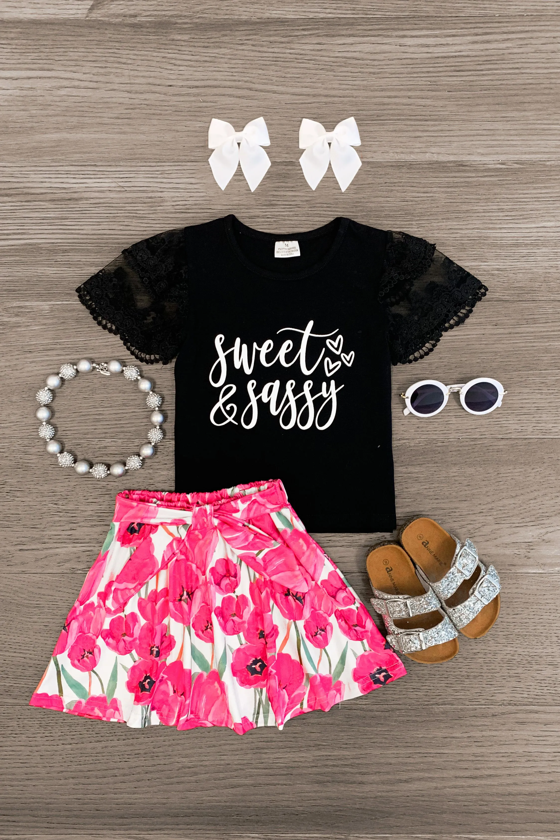 "Sweet & Sassy" Black & Pink Floral Skirt Set