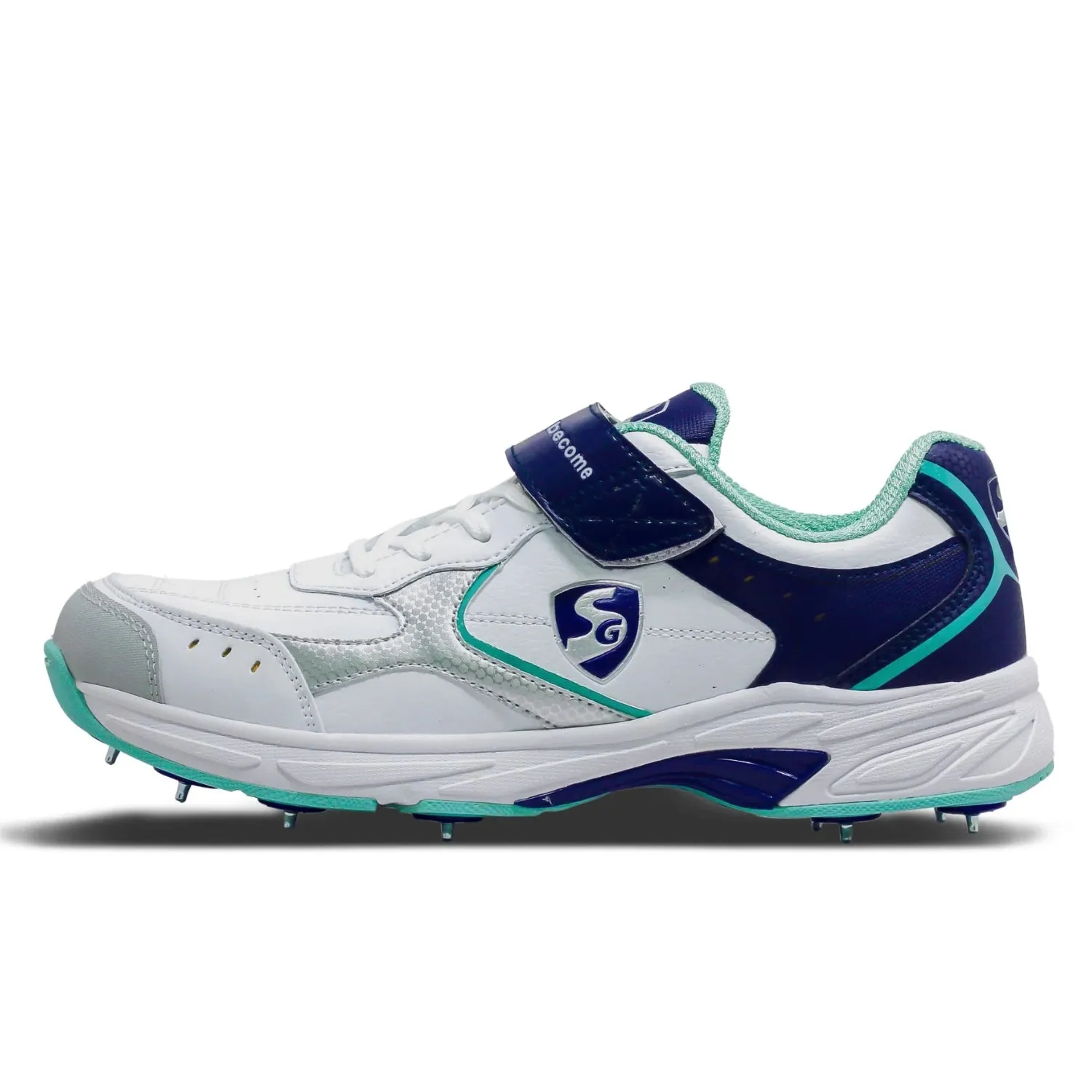 SG Armour Spike Cricket Shoes, White/Navy/Teal