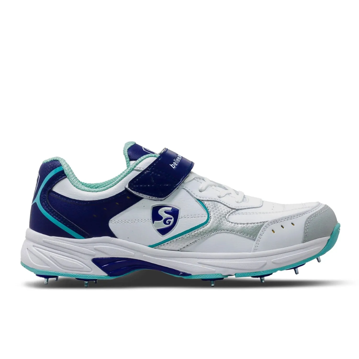 SG Armour Spike Cricket Shoes, White/Navy/Teal