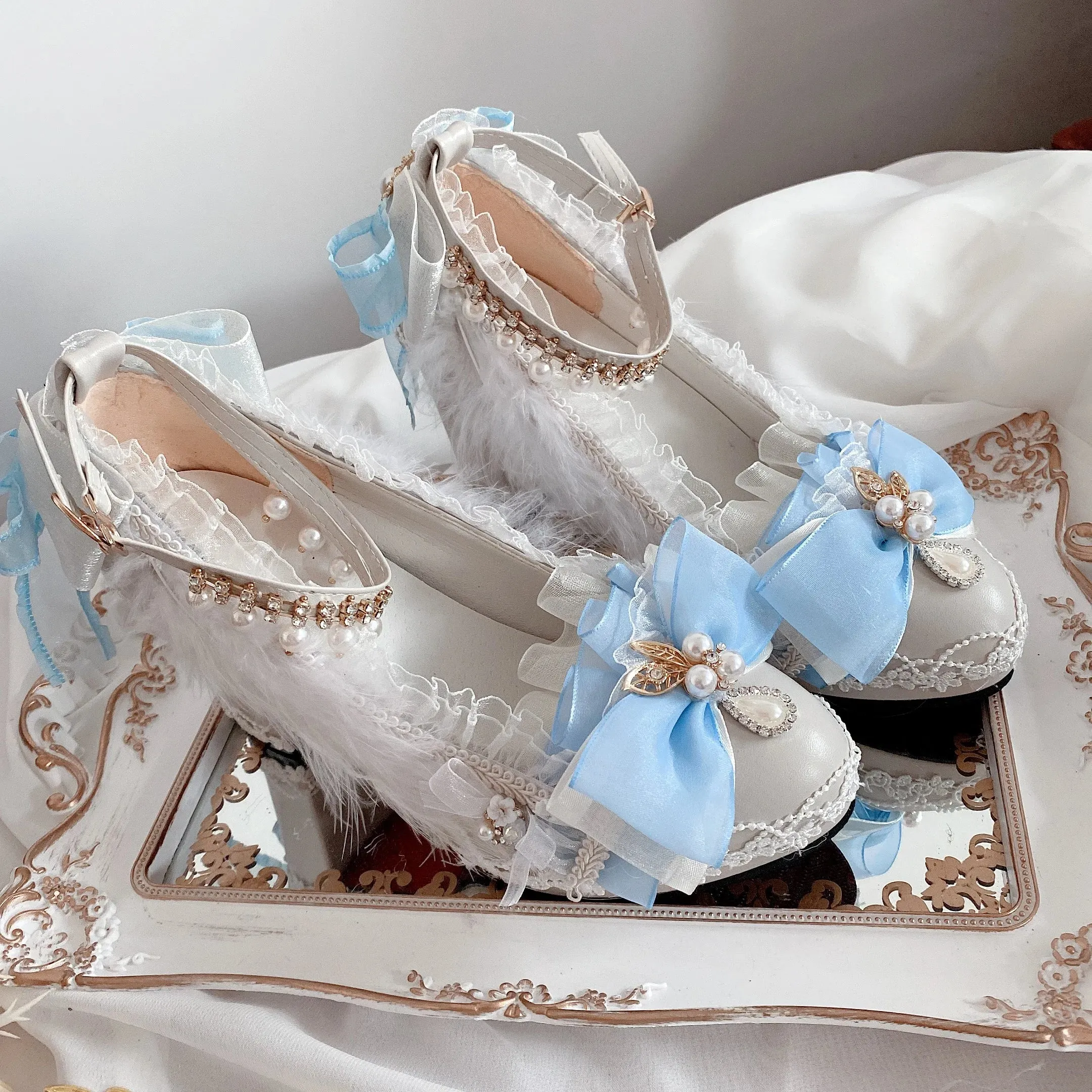 Sohiwoo Sweet Girl Lolita Handmade Blue/pink Thick Heels Lo Shoes Flower Wedding Women's Tea Party Stage Performance Shoes Daughter Adul